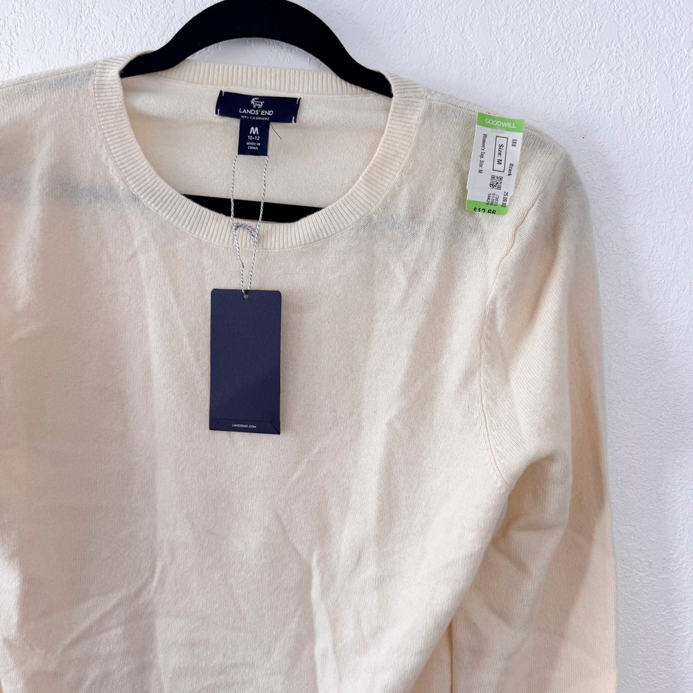 Lands End 100% Cashmere Sweater Mens M Cream Ivory Crew Neck Long Sleeve NWT